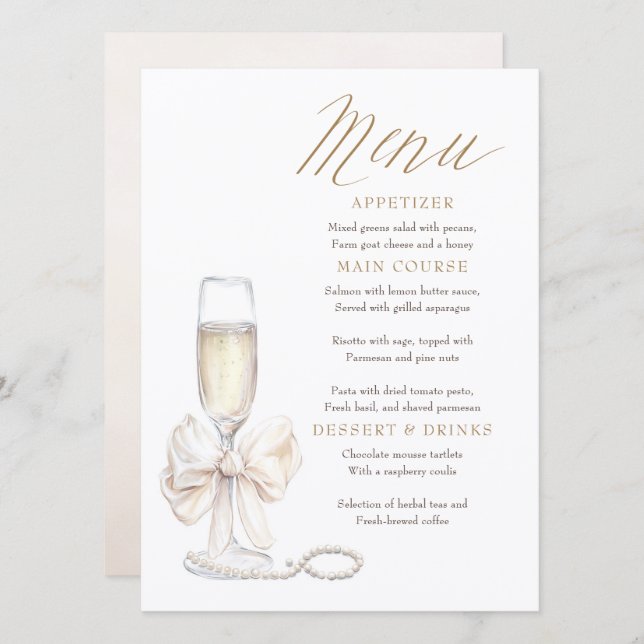 Cartões de Menu Pérolas e Prosecco Whimsical Chic (Frente/Verso)
