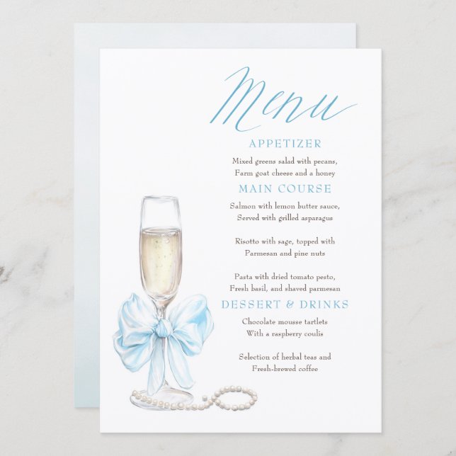 Cartões de Menu Pérolas e Prosecco Whimsical Chic (Frente/Verso)