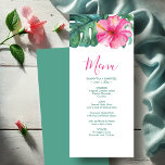 Cartões de menu personalizados Hibiscus tropical<br><div class="desc">Estes cartões de cardápio personalizados apresentam uma única flor de hibisco de aquarela e uma folha de palma de monstera em tons de rosa e verde vibrantes. A placa reverte para uma cor correspondente. Use os campos de modelo para DIY no menu janto de casamento personalizado. Uma escolha de chic...</div>