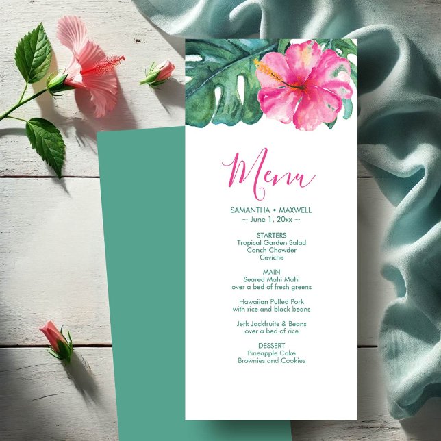 Cartões de menu personalizados Hibiscus tropical (Wedding menu cards watercolor hibiscus flower & palm leaves by Victoria Grigaliunas DoTellABelle)