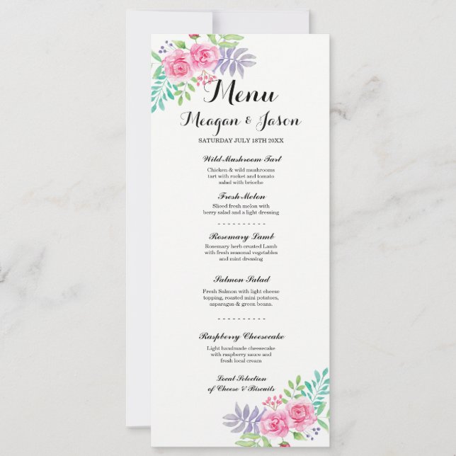 Cartões de Menu Recepção de Casamento Elegantes Fl (Frente)