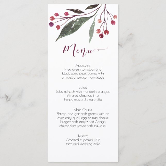 Cartões de menu Rustic Watercolor Burgundy Greener (Frente)