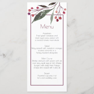 Cartões de menu Rustic Watercolor Burgundy Greener