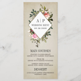 Cartões de menu Vintage Rosa Floral Greenery