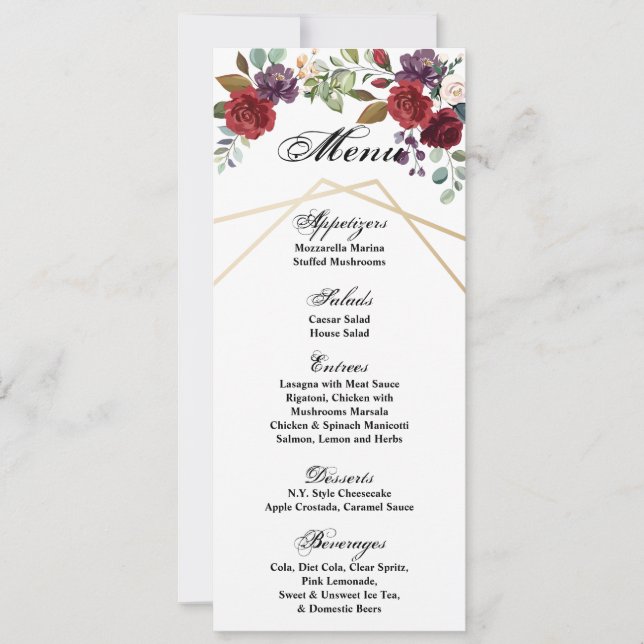 Cartões de Menus 4x9.25 Rosas brancas Flora Geomét (Frente)