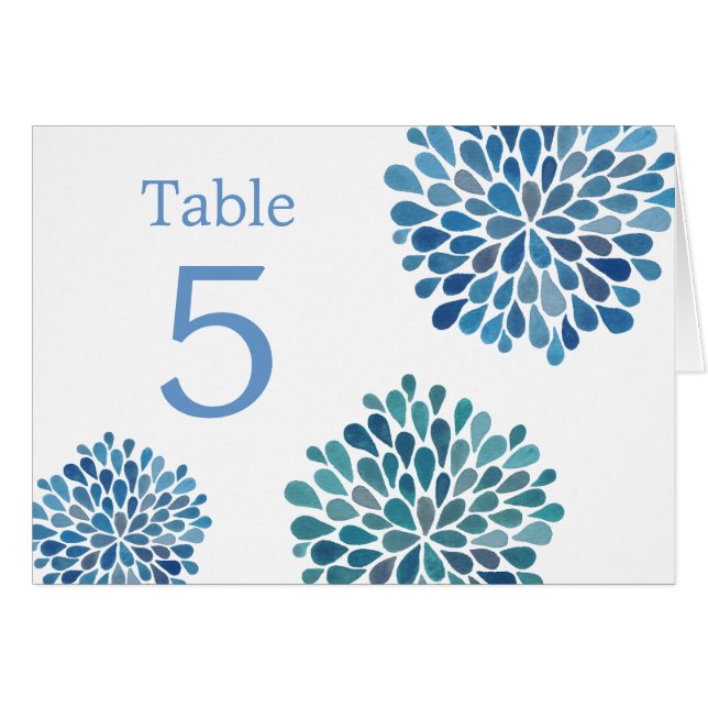 Cartões de mesa Azul Aquarela Dahlias Casamento (Frente horizontal)