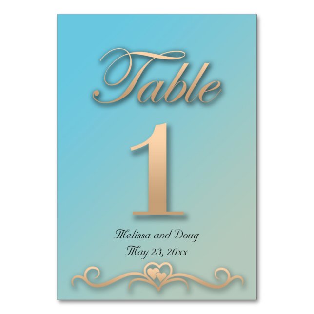 Cartões de Mesa de Casamento Aquamarine e Pêssego (Frente)