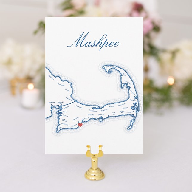 Cartões de Mesa de Casamento de Cabo Cod Mashpee (Mashpee Cape Cod Wedding Table Town Name Cards fully editable with elegant navy blue map )