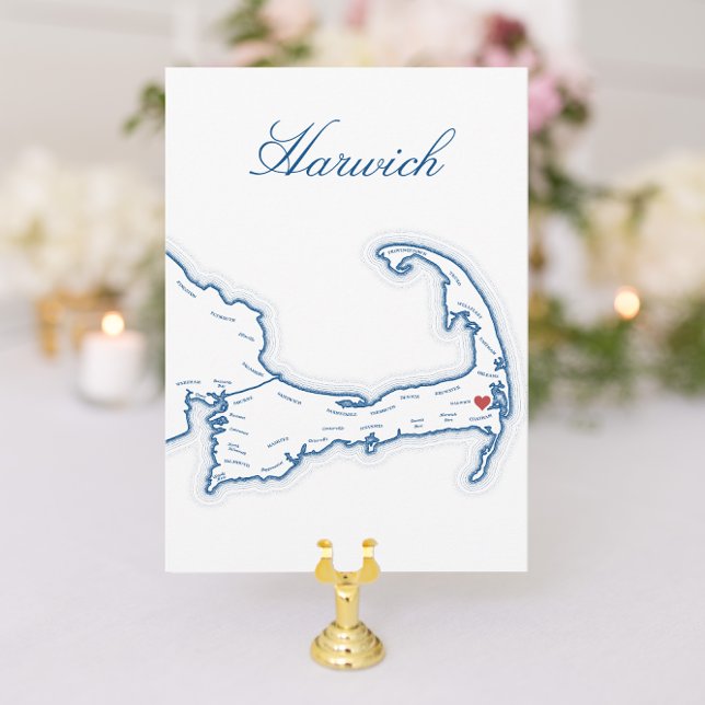 Cartões de Mesa de Casamento em Cabo Cod Harwich (Harwich Cape Cod Wedding Table Town Name Cards with elegant navy blue map for Wequassett Resort)