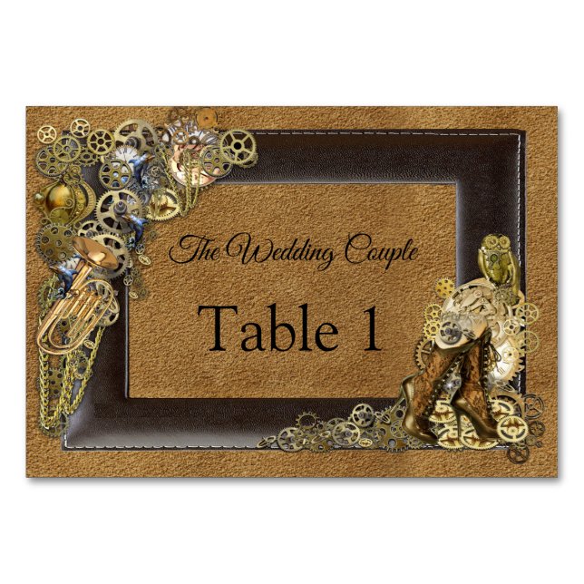 Cartões de mesa de casamento Steampunk em mesa de  (Frente)