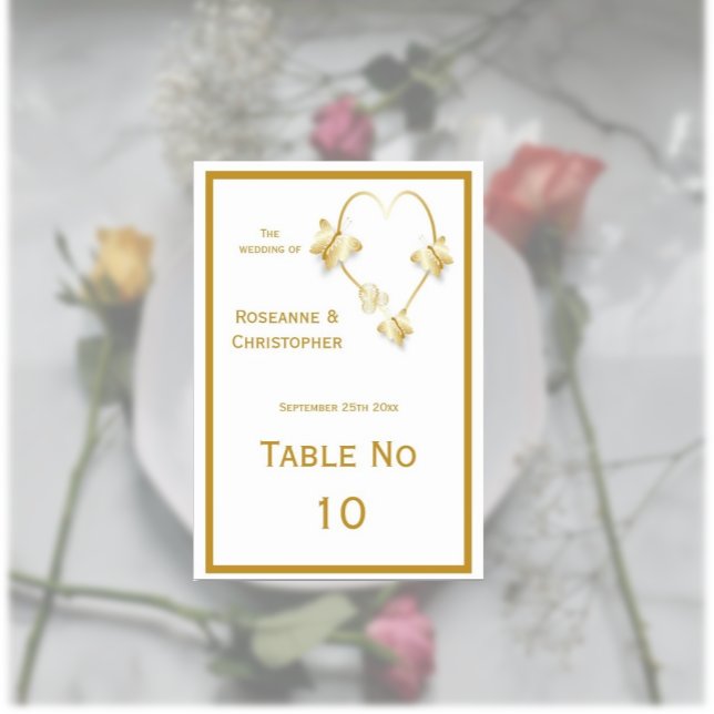 Cartões de Mesa Dourados de Casamento Borboletas C (Gold wedding table number card butterflies heart design)