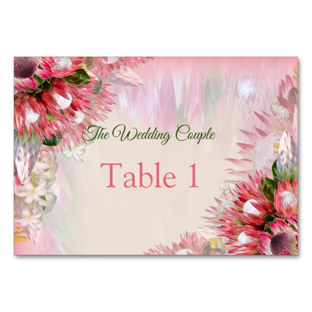 cartões de mesa Fuchsia Protea's - Bege e Dourado (Frente)