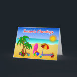 Cartões de Natal australianos da cena australiana<br><div class="desc">Design ensolarado de Marte do ©. Natal na cena da praia de Austrália - cartão do Natal com uma ilustração tropical da praia com uma palmeira com decorações do Natal,  presentes,  um conselho de surf,  guarda-chuva de praia,  toalha,  bola,  balde e pá e tangas.</div>