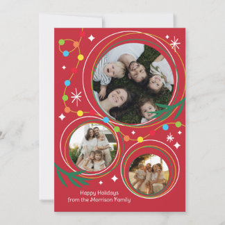 Cartões de Natal com 3 Fotos Modern Retro Red