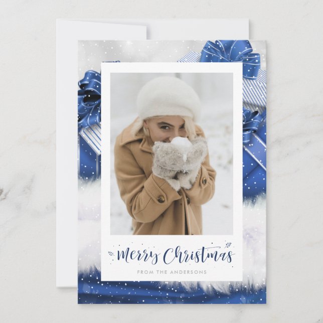 Cartões de Natal Com Carta De Foto Com Folha Azul (Frente)