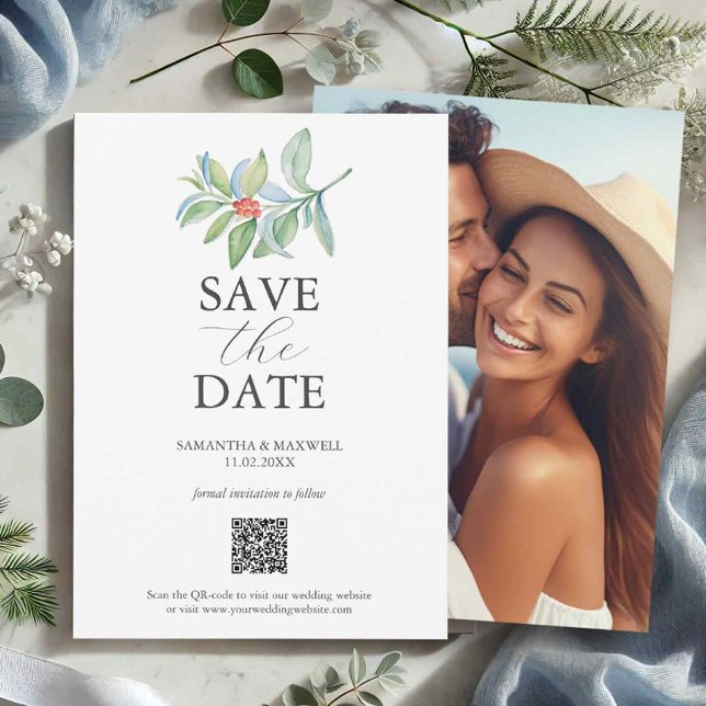 Cartões de Natal com Código QR para Salvar as Data (Christmas wedding save the dates with photo and qr code holiday botanicals)