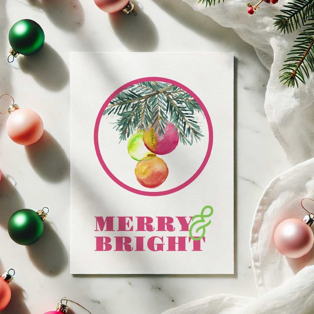 Cartões de Natal com Cores-d-Água Rosa (Merry and Bright Christmas cards features watercolor pink bauble art by Victoria Grigaliunas )