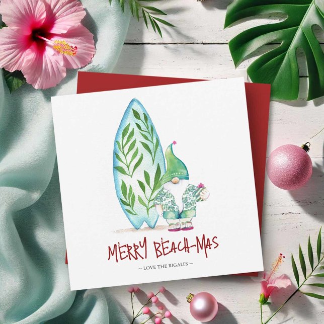 Cartões de Natal Costeiros (Cute Florida Christmas cards watercolor surfboard and beach Santa art by Victoria Grigaliunas )