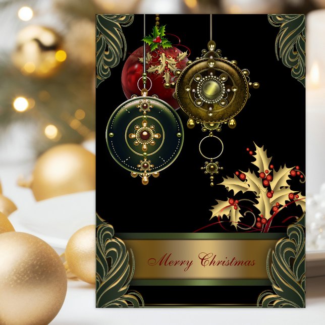 Cartões de Natal cristãos (Christian Christmas card with beautiful ornaments, holly, and scripture verses.)