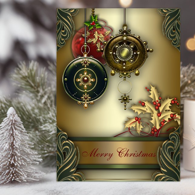 Cartões de Natal Cristãos (Christian Christmas card with elegant ornaments and holly with scripture verses.)