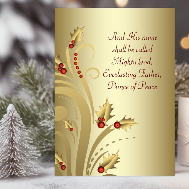 Cartões de Natal Cristãos Red Gold (Christian Christmas card with elegant gold holly swirl and scriptures.)