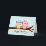 Cartões de Natal das corujas de inverno<br><div class="desc">Cartões de Natal personalizáveis com um casal de corujas tocadas em um galho e flocos de neve em um fundo azul.Boa sorte e diversão</div>