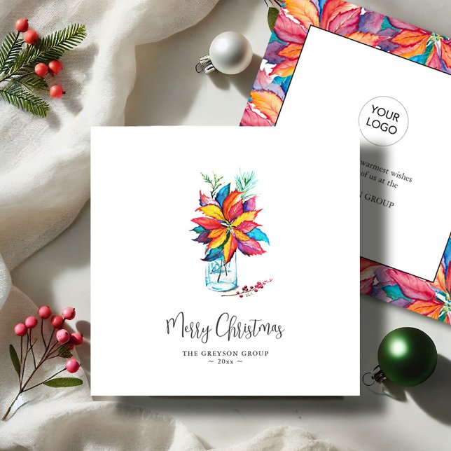 Cartões de natal de Aquarela Poinsettia Vibrante (Business Christmas cards with logo watercolor poinsettia art by Victoria Grigaliunas Do Tell A Belle)