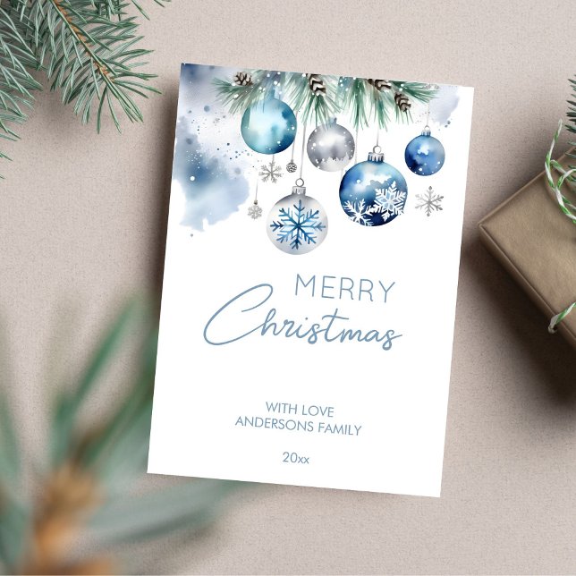 Cartões de natal de bolhas azuis prateadas (Merry Christmas template greeting card classical silver blue baubles snowy pines watercolor elegant )