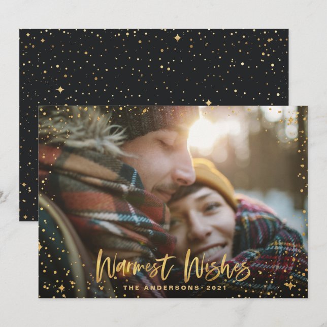 Cartões de natal de estrelas de script Douradas 1 (Frente/Verso)