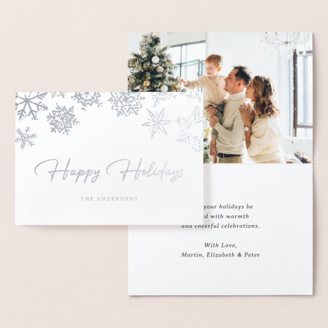 Cartões de natal de Foto Elegante Silver Foil Snow (Exibição)