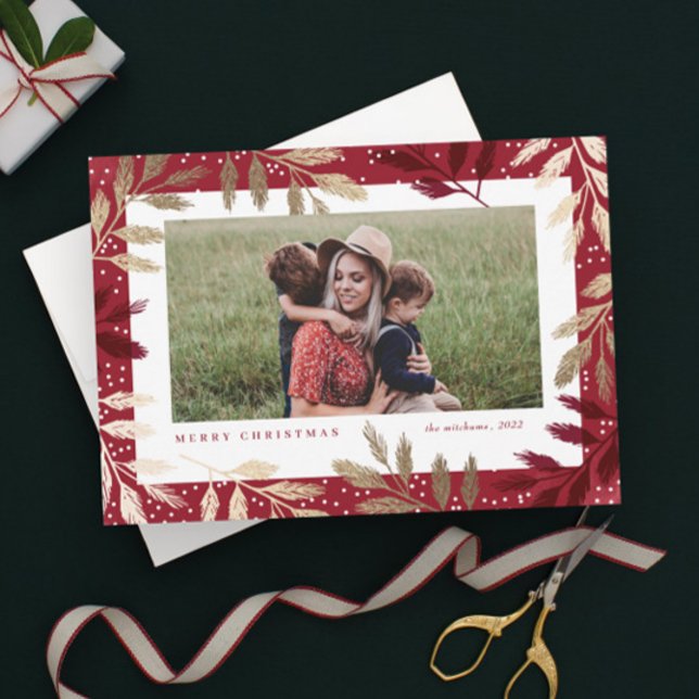 Cartões de Natal de Fotografias Douradas Elegantes (Elegant Red and Gold Foil Branch Frame Photo Christmas Holiday Magnetic Card.)