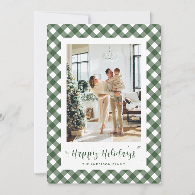Cartões de natal de fotos com Xadrez branca e verd (Frente)