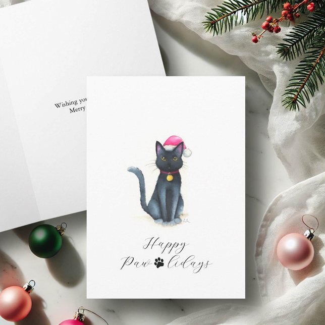 Cartões de Natal de Gato Preto Fofo (Black cat Christmas cards watercolor art by Victoria Grigaliunas of Do Tell A Belle)