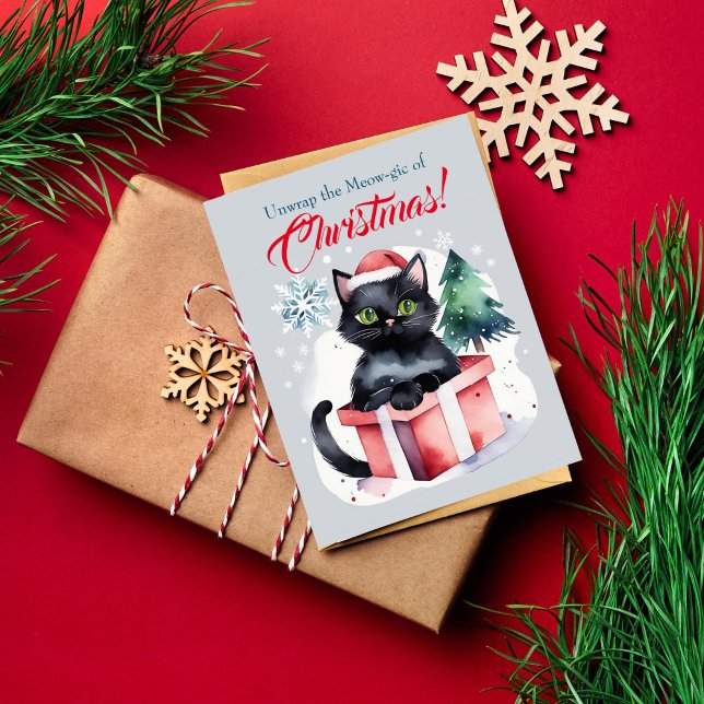 Cartões de natal de natal de feliz para pessoas de (Cat Christmas greeting postcard for cat people watercolor cute black cat in red hat inside gift box)