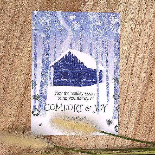 Cartões de natal de negócios de cabeamento de regi (Simple Blue, Green Logo Company Holiday Card, Winter Log Cabin in Forest, Blue, Sage Green)