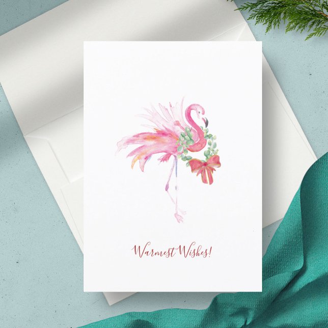 Cartões de Natal de praia de Flórida Não Fotográfi (Christmas card Florida beach pink flamingo watercolor art by Victoria Grigaliunas)