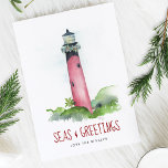 Cartões de Natal de Praia Farol de Aquarela<br><div class="desc">Celebre o Natal em julho ou a época de férias de 2025 com estes cartões de Natal de praia com um farol pintado manualmente inspirado pelo icônico Farol de Entrada de Júpiter na Flórida. Esta cena de um farol costeiro é apunhalada na festiva garland e combinada com a agradável saudação...</div>
