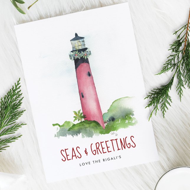 Cartões de Natal de Praia Farol de Aquarela (Beach Christmas Card Watercolor Lighthouse Florida holiday art by Victoria Grigaliunas)