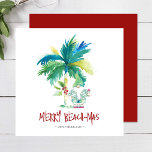 Cartões de Natal de praia tropical<br><div class="desc">Estes cartões de Natal de praia tropical apresentam uma palmeira exótica inspirada na ilha e Papais noeis de férias bonitos. As palavras "Feliz Beach-mas" são definidas em letra de mão. Use os campos modelo para adicionar sua saudação personalizada. Uma escolha encantadora para enviar para amigos e família nesta temporada de...</div>