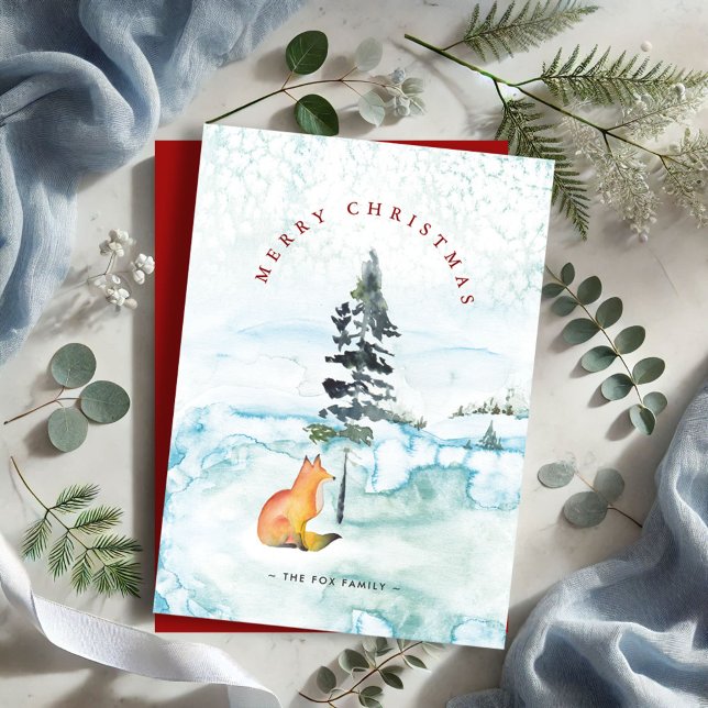 Cartões de Natal de Raposa com Aquarela Fofa (Watercolor fox Christmas tree cards winter scene )