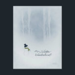 Cartões de natal De Snowman Caminham No SnowyWoods<br><div class="desc">Mande alguns sentimentos de feriado com um belo boneco de neve em bosques de neve,  e personalize a saudação nas costas. Menos desperdício com uma placa plana,  e pode ser enquadrado para arte de férias em casa.</div>