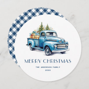 Cartões de Natal de Xadrez Rustic Blue Truck Gingh