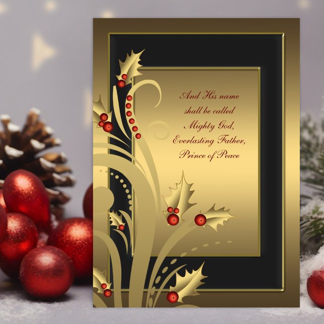 Cartões de Natal Dourados e Holly Cristãos (Christian Christmas card with red and gold holly on a black and gold background with scriptures.)