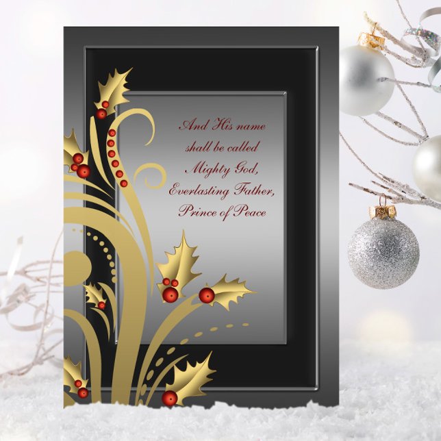 Cartões de Natal Dourados Holly Christian (Christian Christmas card with elegant red and gold holly swirl.)