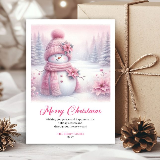 Cartões de Natal editáveis de luxo do boneco de ne (Luxury Pink Snowman Kids Editable Christmas Greeting Card

)
