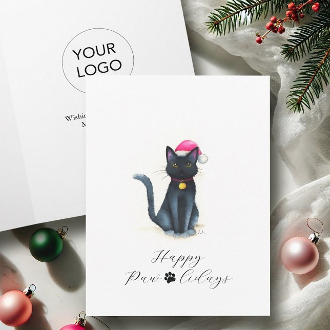 Cartões de Natal Empresariais Com Logotipo Gato Pr (Business Christmas cards with logo watercolor black cat with Santa hat by Victoria Grigaliunas)