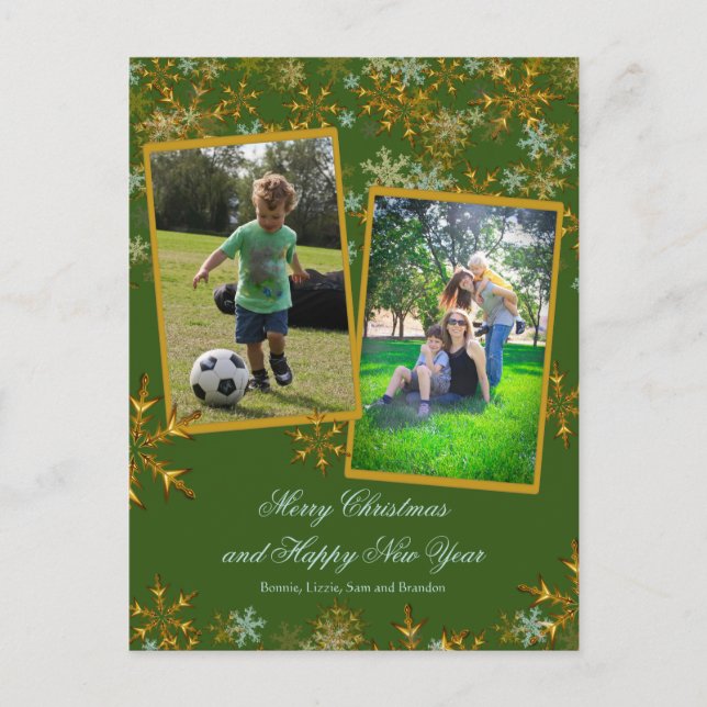 Cartões de Natal Fotográficos Verde e Dourado (Frente)