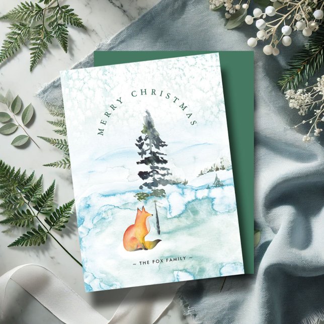 Cartões de Natal para fazendeiros bonitos (Christmas cards watercolor fox and pine tree winter scene by Victoria Grigaliunas Do Tell A Belle)