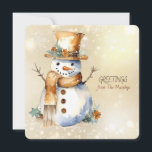 Cartões de natal Snowman da Família Name<br><div class="desc">Um bonitinho bonitinho bonitão com acessórios de ouro e marrom e uma GREETINGS da família NAME</div>