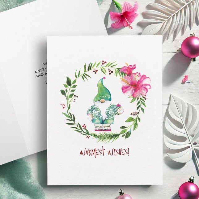 Cartões de Natal Tropicais (Tropical Christmas cards watercolor Santa and wreath art by Victoria Grigaliunas of Do Tell A Belle.)